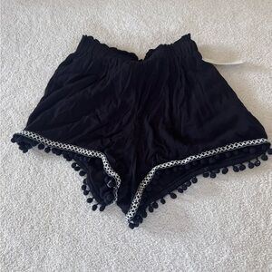 Francesca's Collections High Waist Black Shorts with Pom-Pom Trim